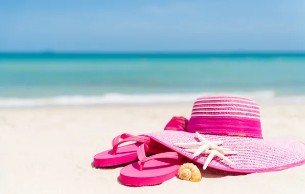 Картинка песок, пляж, отдых, звезда, шляпа, ракушки, summer, beach