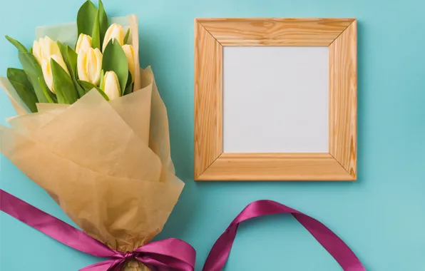 Цветы, букет, рамка, лента, тюльпаны, yellow, flowers, romantic
