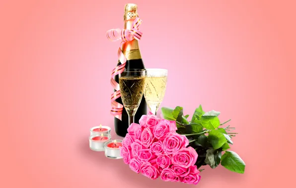 Картинка розы, бокалы, glass, шампанское, flowers, romantic, Valentine's Day, roses