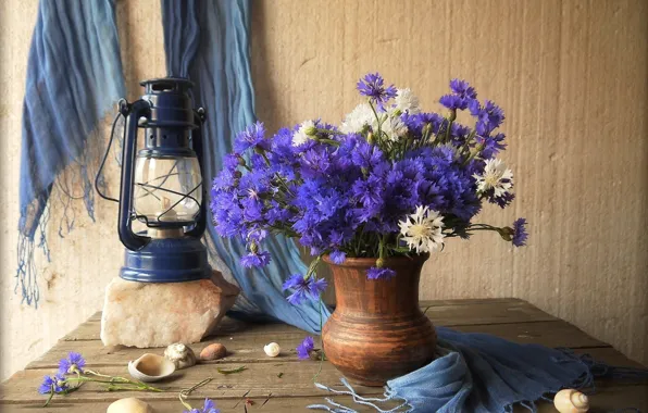 Картинка цветы, лампа, кувшин, wood, васильки