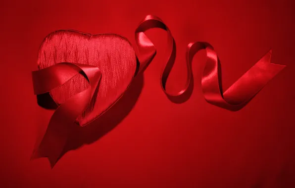 Сердце, лента, red, love, heart, romantic, silk, Valentine's Day