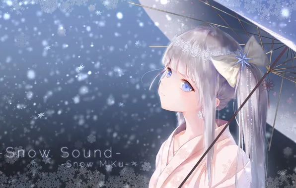 Девушка, снежинки, зонт, Hatsune Miku, Vocaloid, Вокалоид, Хатсуне Мику