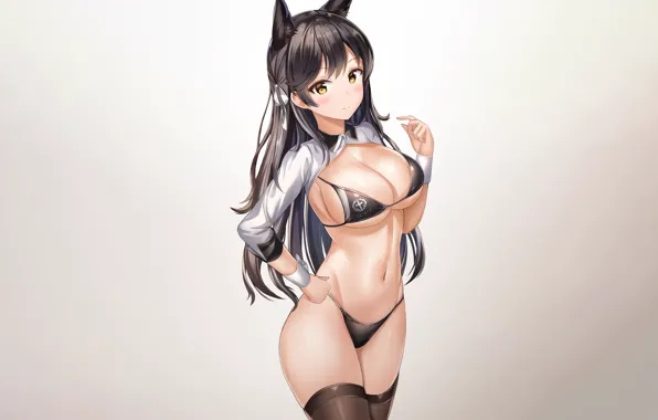 Girl, sexy, cleavage, thighhighs, long hair, brown hair, boobs, animal ears