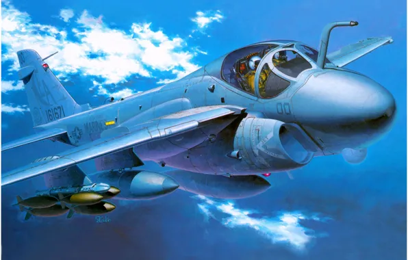 Картинка небо, облака, арт, полёт, Grumman, USAF, ударный самолёт, A-6 Intruder