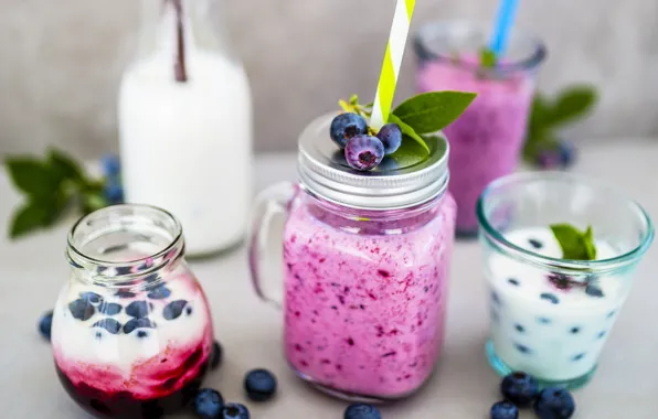 Ягоды, молоко, черника, коктейль, банка, трубочка, fresh, сладкое