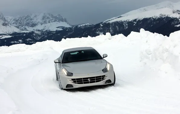 Зима, дорога, небо, снег, горы, суперкар, феррари, Ferrari FF