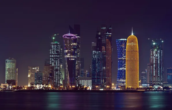 Ночь, город, огни, Персидский залив, Доха, Катар