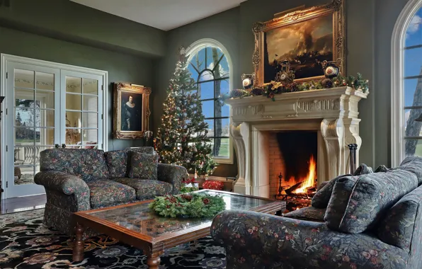 Стол, картины, Новый год, ёлка, камин, диваны, гостиная