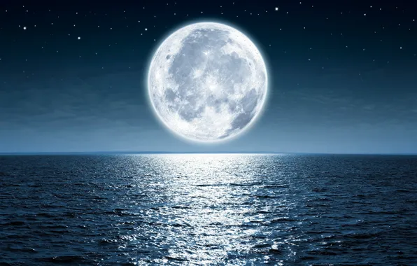 Картинка небо, звезды, свет, ночь, океан, луна