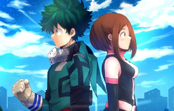 Двое, My Hero Academia, Boku No Hero Academia, Моя Геройская Академия, Изуку Мидория, Урарака Очако