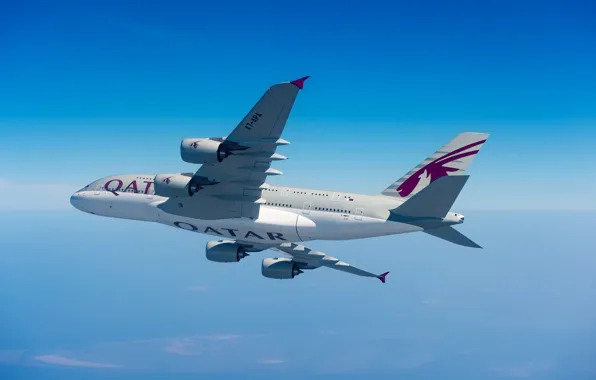 Картинка Облака, A380, Airbus, Qatar Airways, Крыло, Airbus A380, Пассажирский самолёт, Airbus A380-800