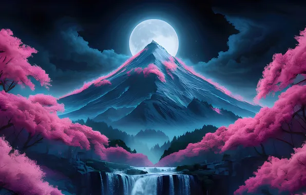 Ночь, луна, гора, водопад, красота, moon, night, mountain