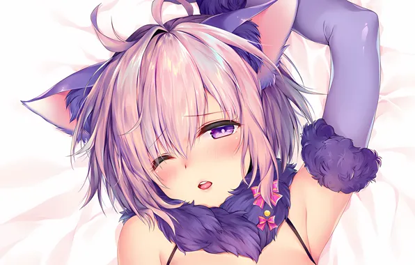 Girl, pink hair, animal ears, anime, beautiful, short hair, purple eyes, pretty