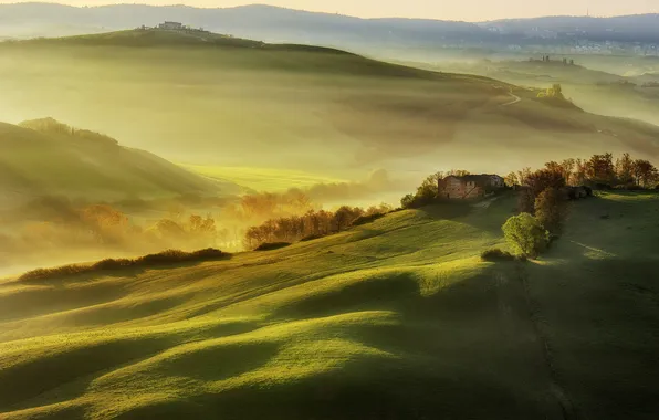 Картинка свет, поля, утро, Италия, дымка, Тоскана