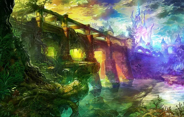 Картинка мост, город, река, башня, арки, фантастический мир, Majin and the Forsaken Kingdom