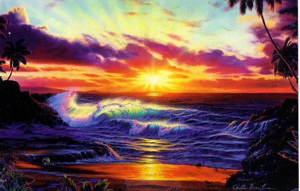 Waves, beach, sea, sunset, water, clouds, palm tree, christian riese lassen