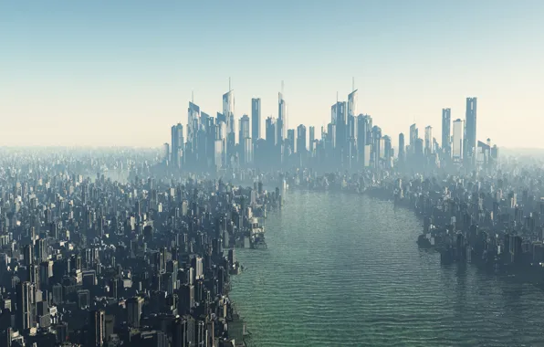 Город, будущее, река, небоскребы, мегаполис, футуристичность