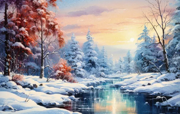 Картинка зима, лес, снег, деревья, пейзаж, природа, берег, картина