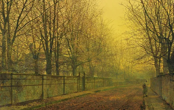 Картинка деревья, пейзаж, улица, забор, дома, картина, Джон Эткинсон Гримшоу, John Atkinson Grimshaw