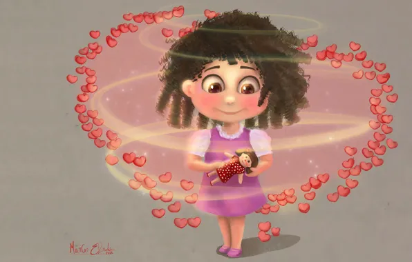 Кукла, арт, девочка, сердечки, детская, Marcos Ebrahim, окружена любовью, Children Illustration/Concept