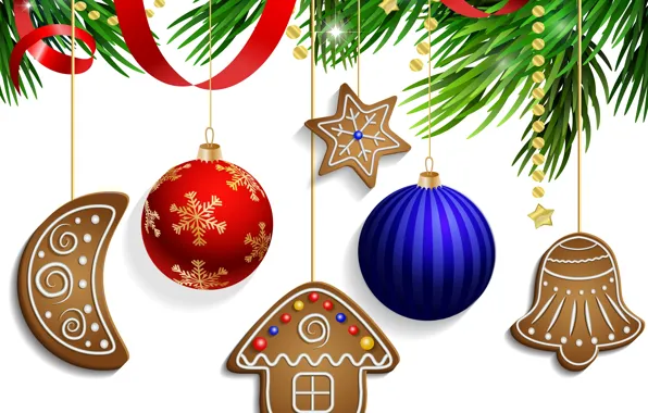 Картинка снег, украшения, шары, Новый Год, Рождество, Christmas, Xmas, cookies