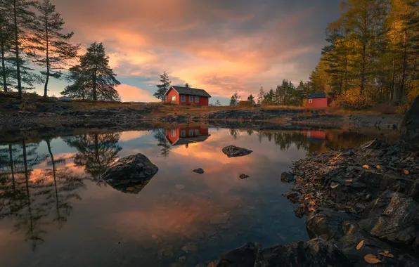 Осень, деревья, закат, озеро, отражение, Норвегия, домики, Norway