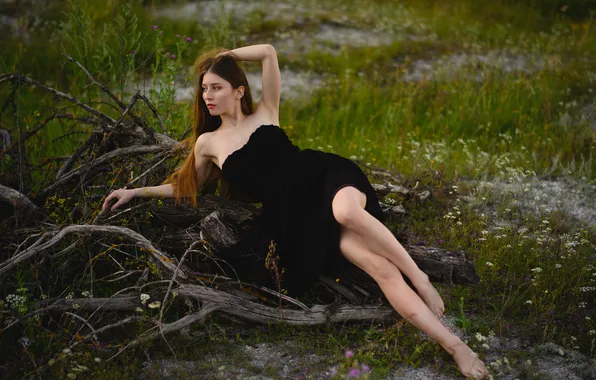 Картинка girl, dress, legs, young, beautiful, barefoot, model, brunette