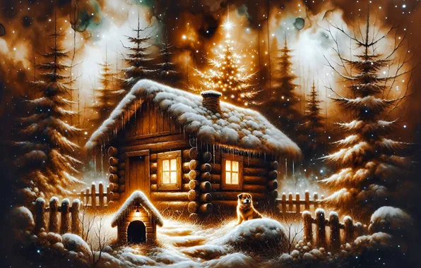 Зима, лес, снег, пейзаж, природа, собака, ели, Рождество