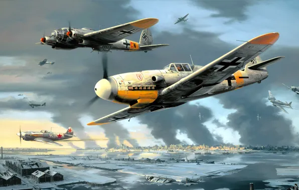 Рисунок, арт, Messerschmitt, Bf.109, одномоторный поршневой истребитель-низкоплан, Heinkel He 111, Художник Nicolas Trudgian, немецкий средний …
