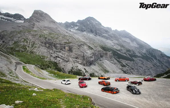 Картинка дорога, горы, McLaren, Jaguar, Mustang, Ford, 911, Porsche