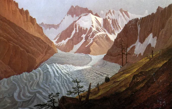 Картинка деревья, пейзаж, горы, люди, картина, ледник, Карл Густав Карус, Монбланский Горный Массив