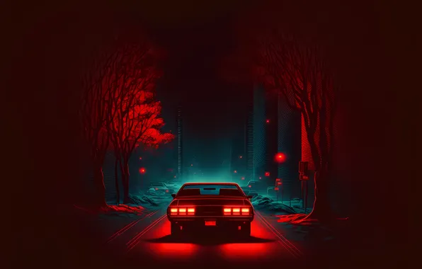 Car, лес, деревья, красный, dark, red, forest, автомобиль