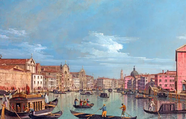 Картинка небо, вода, люди, здания, картина, лодки, гандолы