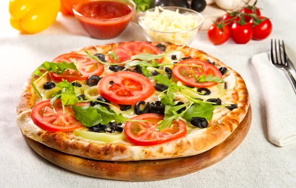 Зелень, еда, сыр, перец, вилка, овощи, пицца, помидоры