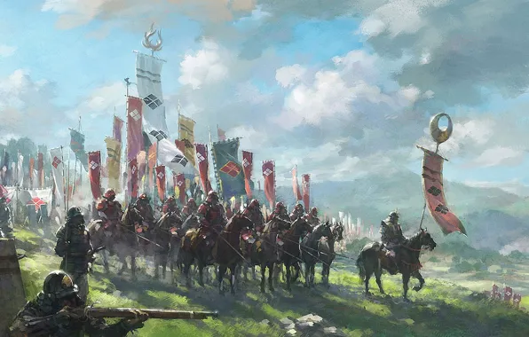 Картинка облака, япония, армия, доспехи, флаги, всадники, пики, самураи