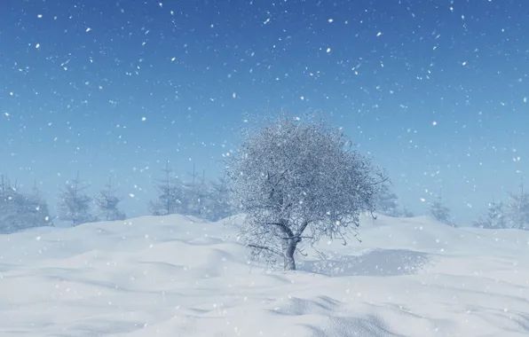 Картинка зима, снег, деревья, снежинки, landscape, winter, snow, tree
