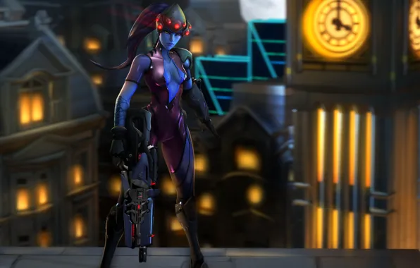 Крыша, девушка, город, башня, винтовка, Overwatch, Widowmaker, amélie lacroix