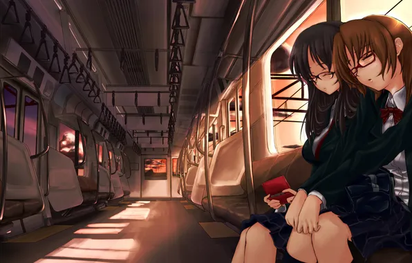 Картинка закат, девушки, поезд, аниме, арт, очки, вагон, сиденья