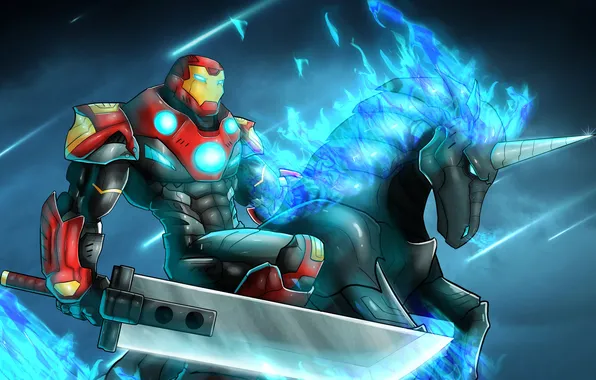 Конь, меч, броня, Iron Man, fan art, tony stark