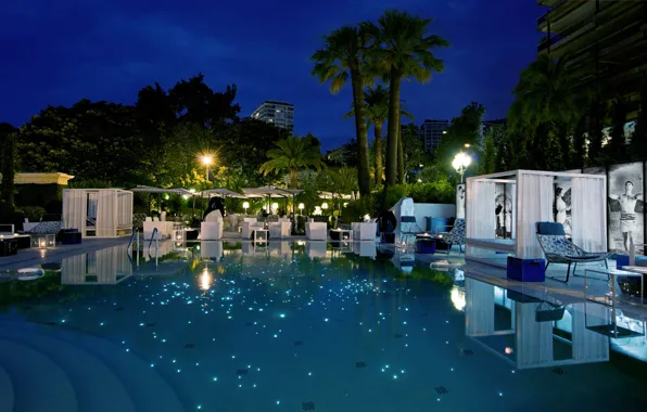 Город, вечер, бассейн, отель, Monte-Carlo, Hôtel Metropole