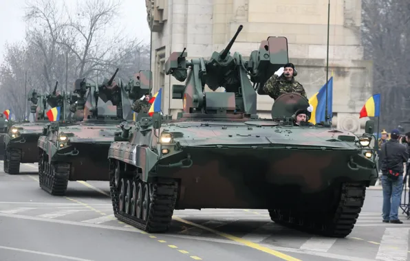 Soldiers, military, man, flags, Romania, tank, uniform, machine gun