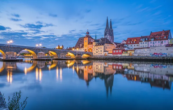Мост, отражение, река, здания, дома, Германия, Бавария, Germany