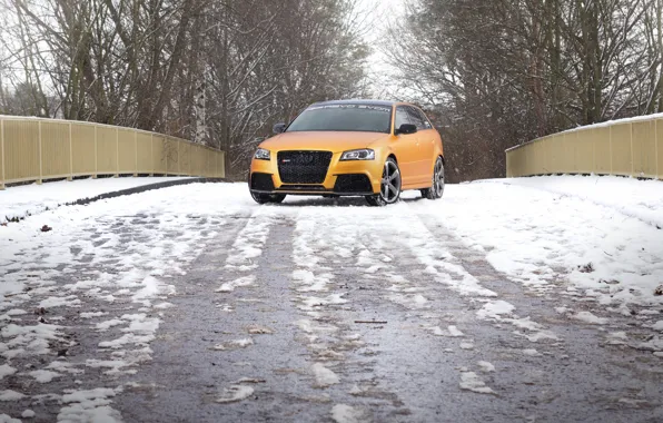 Картинка дорога, снег, Audi, автомобиль, вид спереди, Spirtback, Schwabenfolia, RS3