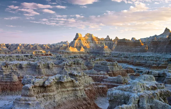 Закат, Облака, Горизонт, США, United States, Sunset, Badlands National Park, South Dakota