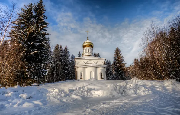 Зима, снег, пейзаж, природа, утро, мороз, церковь