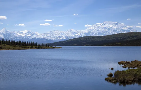 Горы, Аляска, Alaska, Denali National Park, водная гладь, Аляскинский хребет, Национальный парк Денали, озеро Вондер