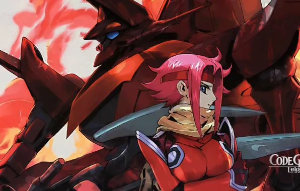 Пламя, шарф, code geass, красные волосы, боевой робот, takahiro himura, kallen kozuki
