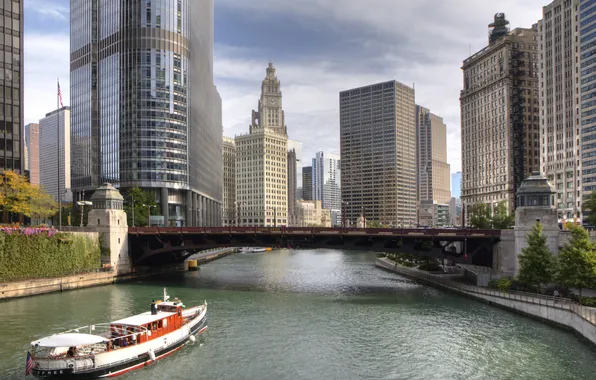 Картинка вода, река, здания, небоскребы, америка, чикаго, Chicago, сша