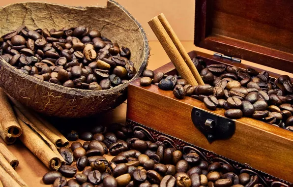 Coffee, coffee beans, wooden box
