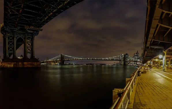 Картинка ночь, город, огни, река, NYC, Manhattan &ampamp; Brooklyn Bridges